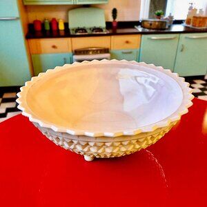 Vintage 50's Pink Milk Glass Bowl Jeannette Buttons & Bows Pattern Large Footed